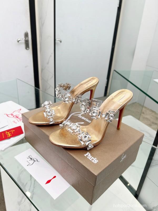 2025 Women Christian Louboutin Gold Leather High Heel Sandals LY00300