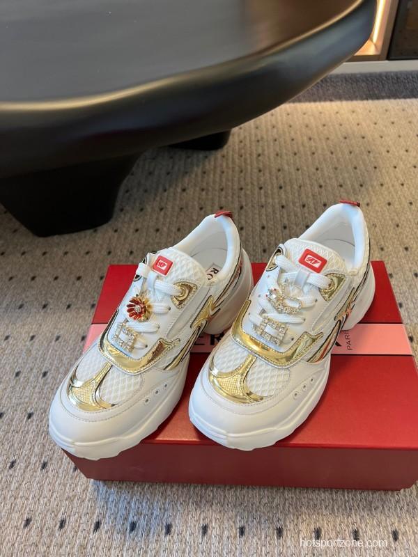 2025 Women Roger Vivier White Gold Leather Mesh Sneakers KFY00380