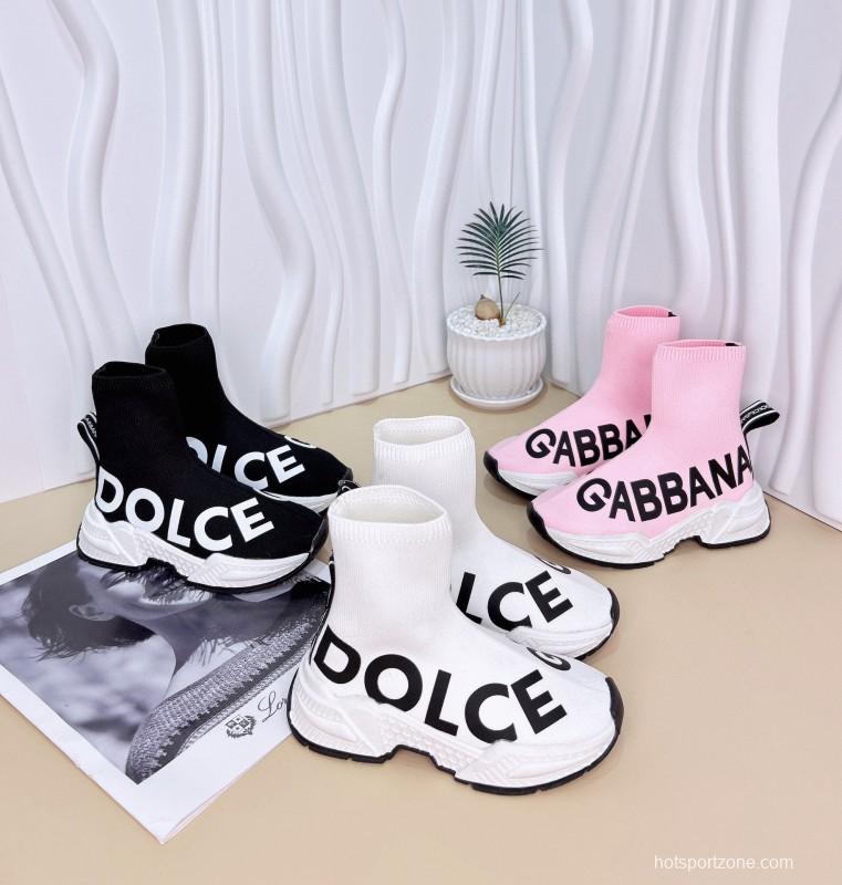2024 Kids Dolce & Gabbana Black White Pink Knit Fabric Sneakers