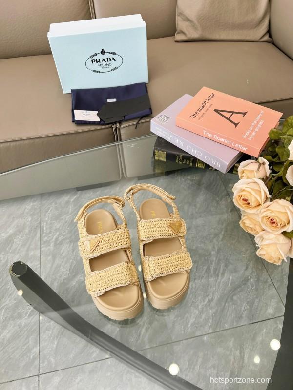 2025 Women Prada Beige Braided Leather Platform Sandals LY00300
