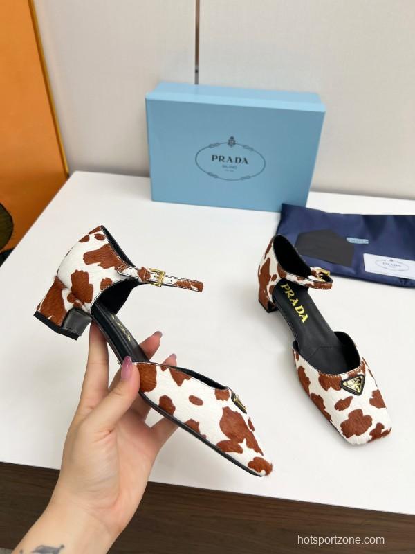 2025 Women Prada Brown White Calf Hair Strap Heels LY00270