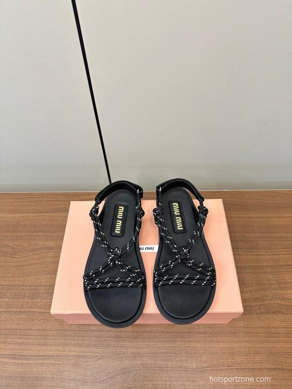2025 Women Miu Miu Black Leather Rope Sandals