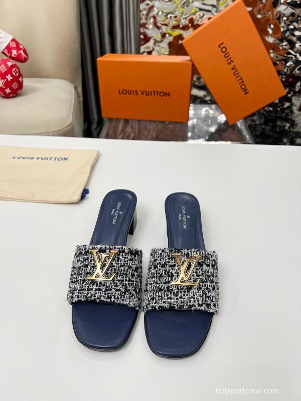 2025 Women Louis Vuitton Navy White Tweed Leather Heeled Sandals LY00220