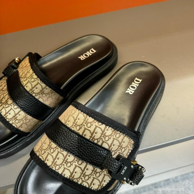 2024 Slippers Dior Beige Black Leather Canvas Slippers