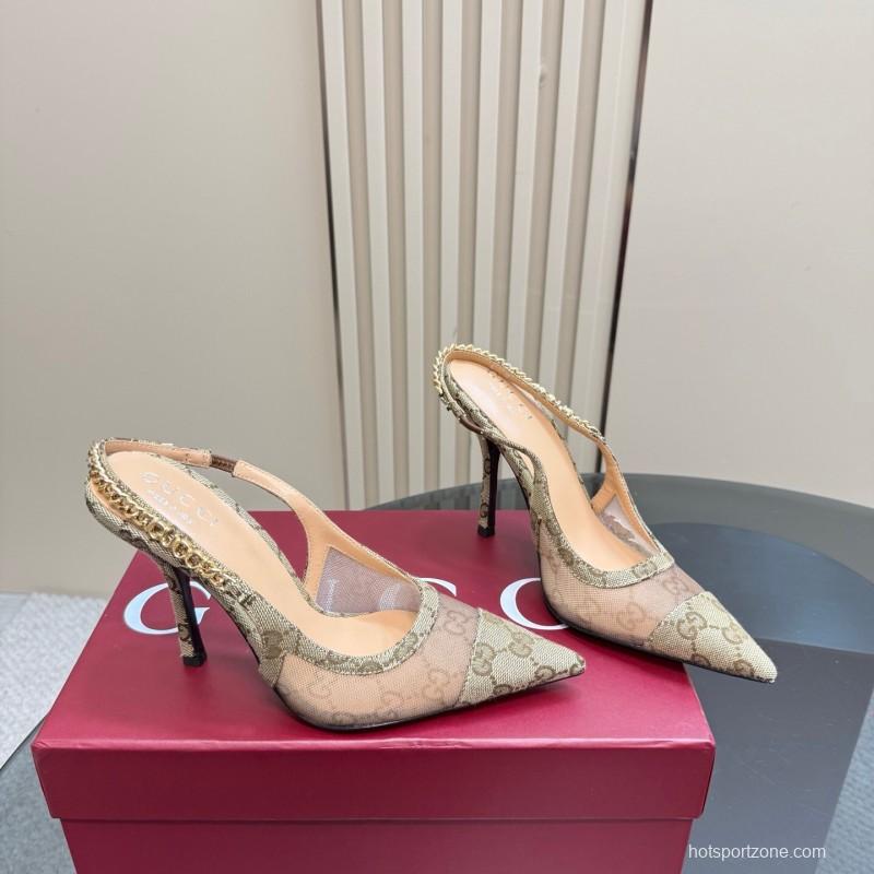 2025 Women Gucci Beige Mesh Fabric High Heel Pumps With Gold Chain Detailing KFY00300(F)
