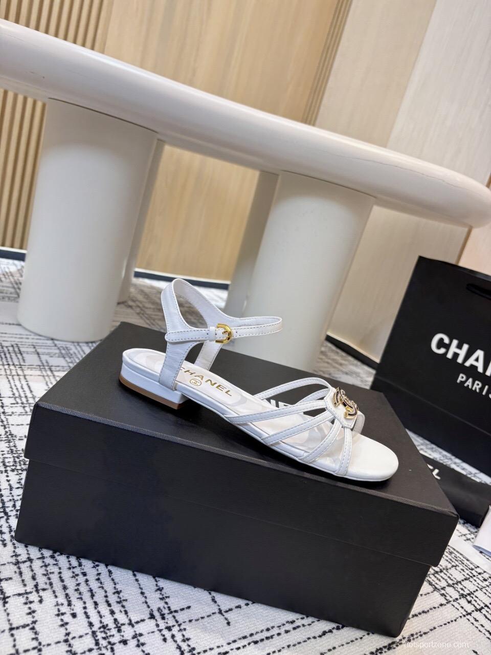 2025 Women Chanel White Leather Sandals LY00270
