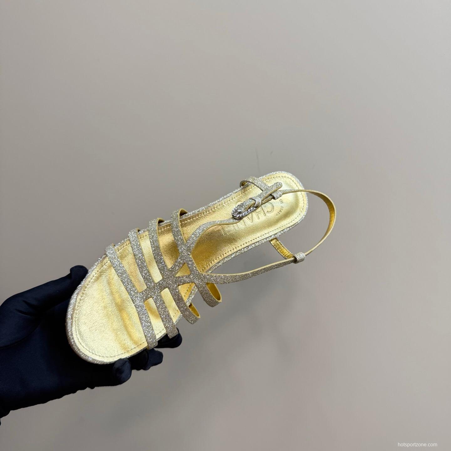 2025 Women Chanel Gold Leather Sandals KFY00290
