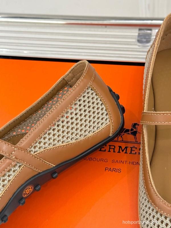 2025 Women Hermès Beige Mesh Leather Mary Jane