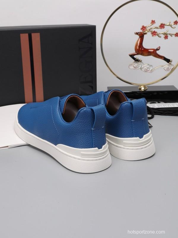 2024 Men Ermenegildo Zegna Blue Leather Low Top Sneakers MJ00240