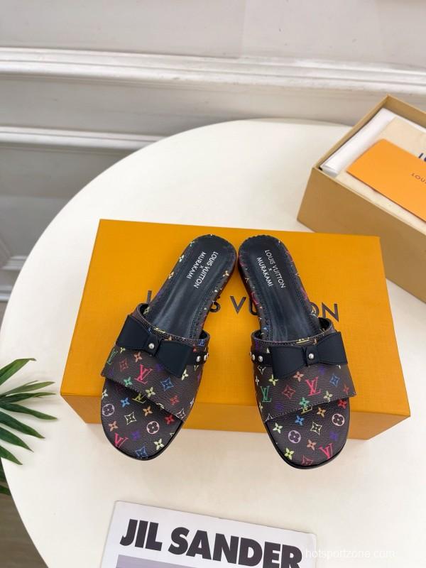 2025 Slippers Louis Vuitton Black Leather Flat Bow MJ00290
