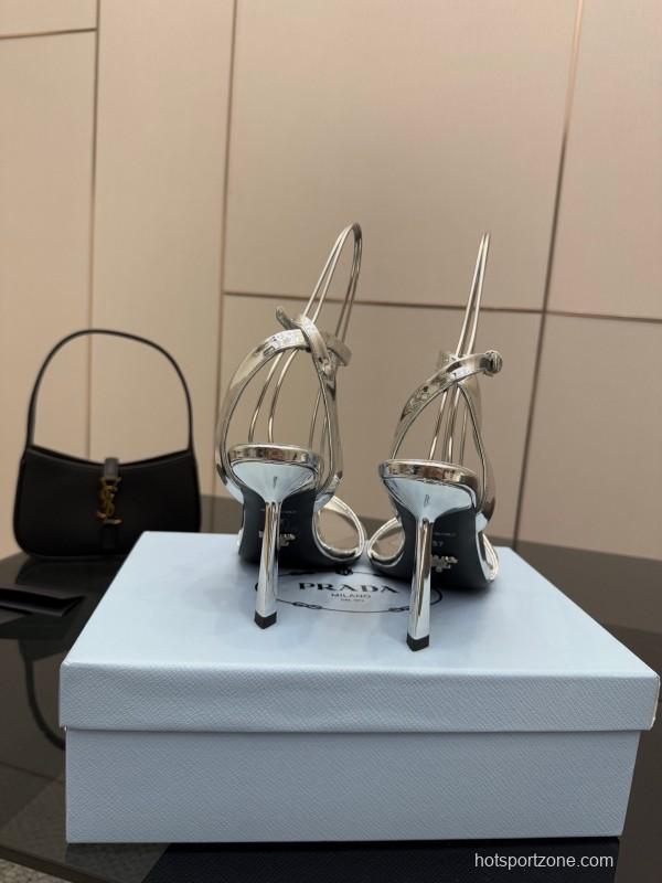 2025 Women Yves Saint Laurent Silver Leather Stiletto Sandals
