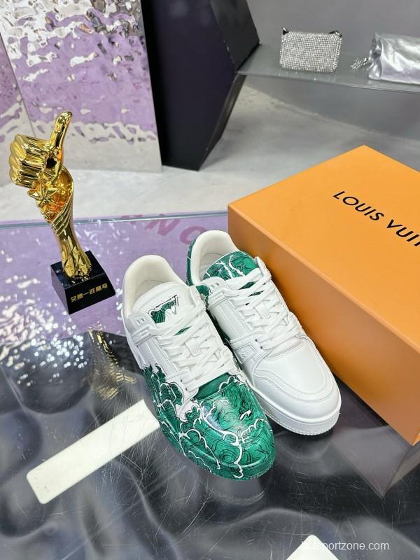 2024 Unisex Louis Vuitton Green White Leather Plimsolls Hand-Painted MJ00780