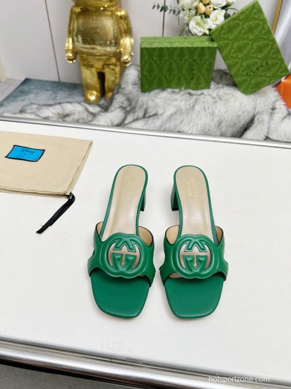 2025 Gucci Green Leather Slippers MJ00190/225