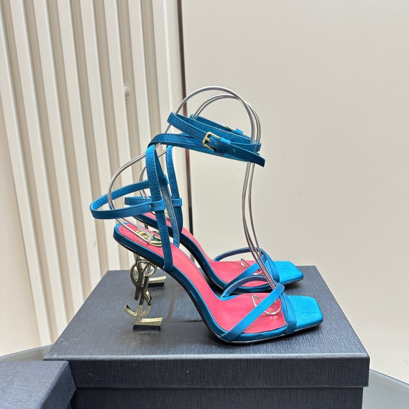 2025 Women Yves Saint Laurent Blue Silk High Heel Sandals KFY00290