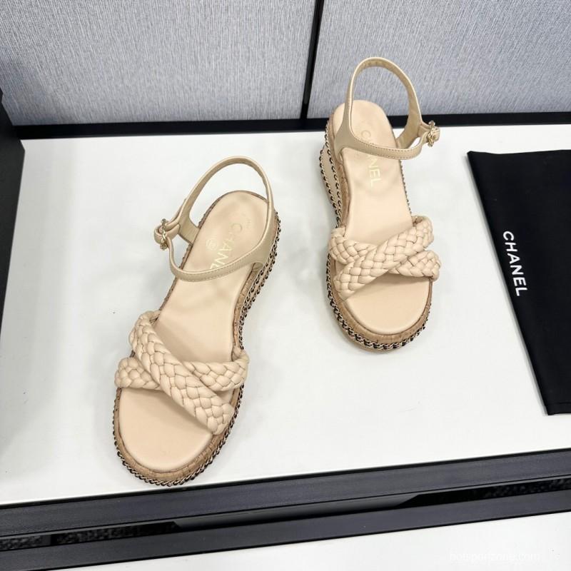 2025 Women Chanel Beige Leather Wedge Sandals