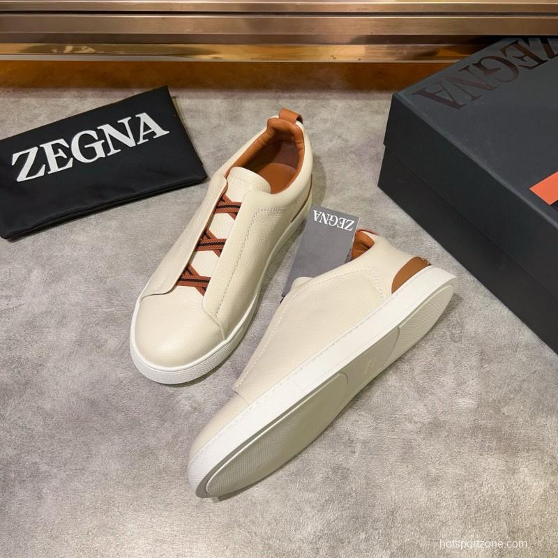 2024 Men Ermenegildo Zegna White Brown Calf Leather Pelletessuta Sneakers Elastic Detail MJ00280