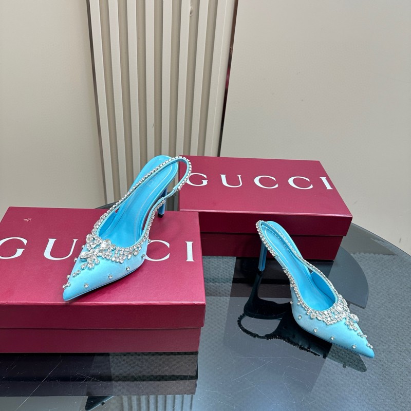 2025 Women Gucci Blue Silk Crystal Embellished Slingback Pumps MJ00340