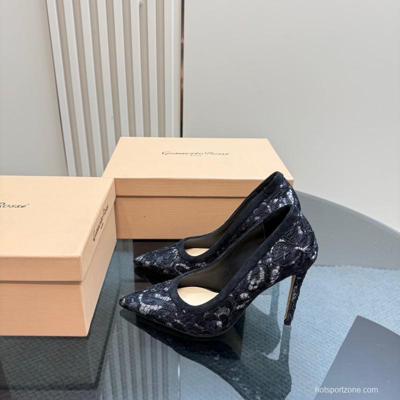 2025 Women Gianvito Rossi Black Lace Leather High Heel KFY00280