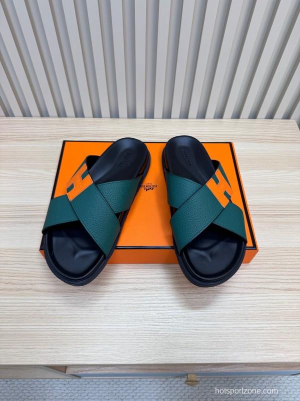 2025 Slippers Hermès Green Orange Leather