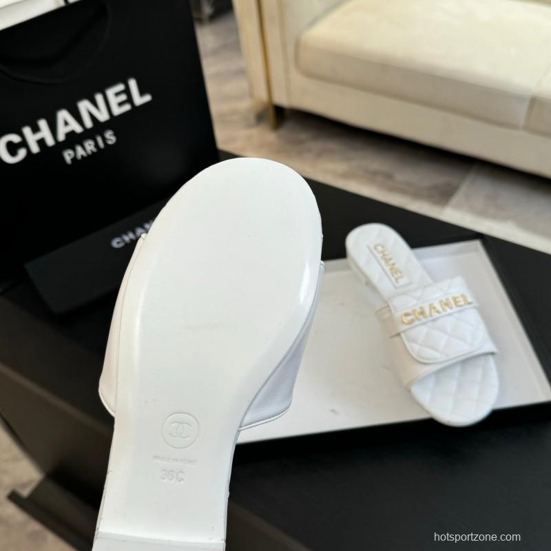 2025 Women Chanel White Leather Slippers