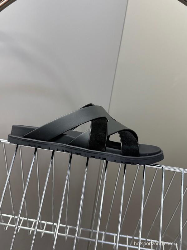 2025 Slippers Hermès Black Leather Slippers