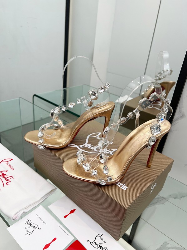 2025 Women Christian Louboutin Gold PVC Crystal High Heel Sandals LY00300