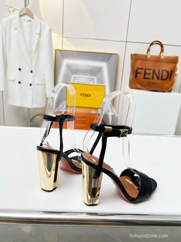 2025 Women Fendi Black Leather High Heel Sandals MJ00251