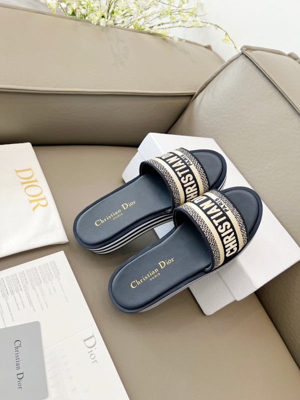 2025 Women Dior Navy White Canvas Platform Slippers LY