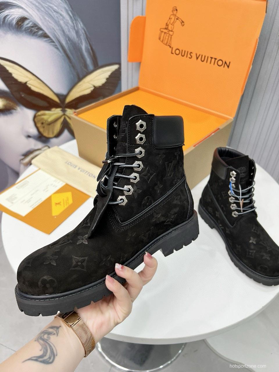2024 Unisex Louis Vuitton Black Brown Suede Leather Ankle Boots MJ00450