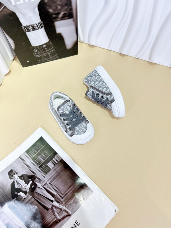 2024 Kids CHANEL Gray Beige Black Canvas Sneakers