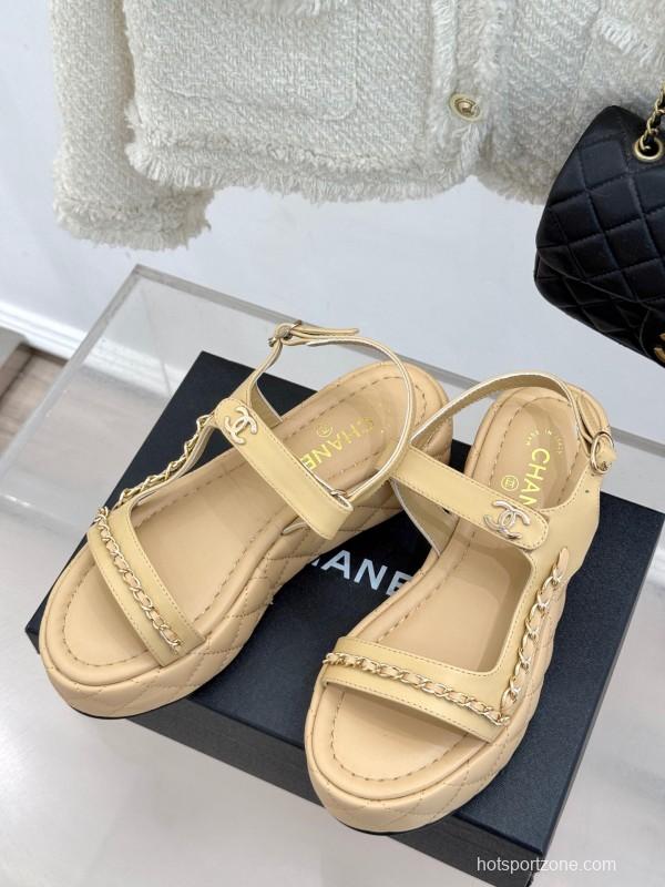 2025 Women Chanel Beige Leather Platform Sandals Chain KFY00270