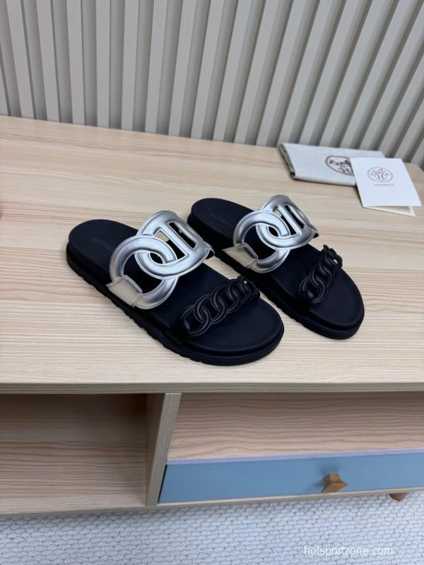 2025 Slippers Hermès Silver Black Leather Chain Decoration