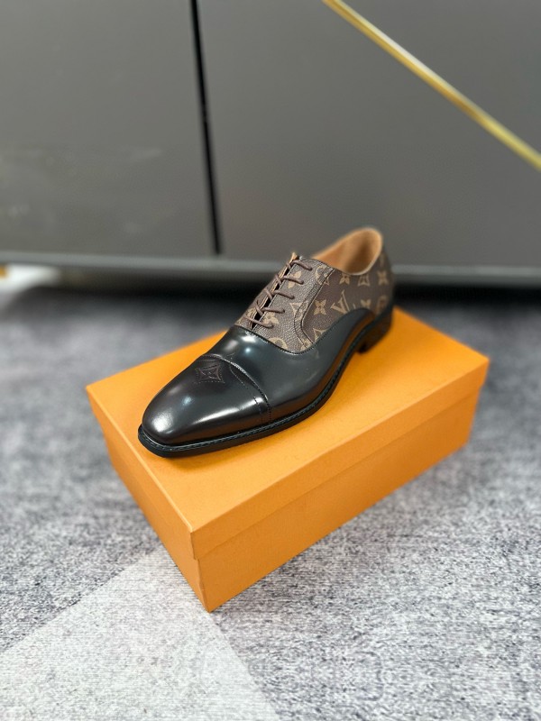 2024 Men Louis Vuitton Brown Black Leather Canvas Oxford MJ00380