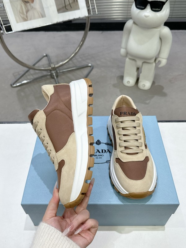 2025 Women Prada Beige Brown Leather Sneakers KFY00310