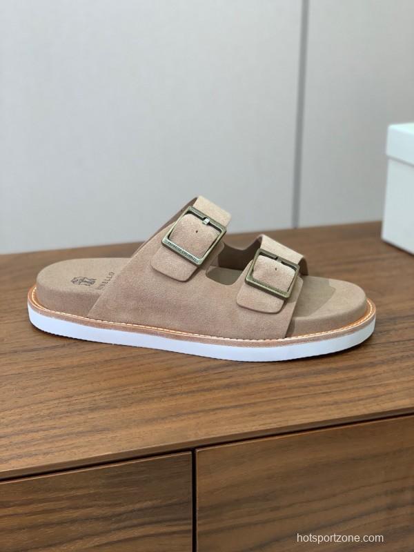 2025 Unisex Brunello Cucinelli Beige Suede Leather Slippers KFY00250