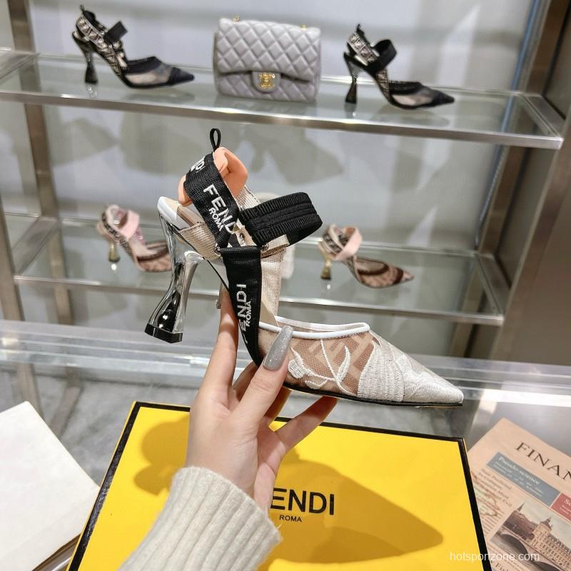 2025 Women Fendi Beige Black Mesh Leather Heels MJ00280