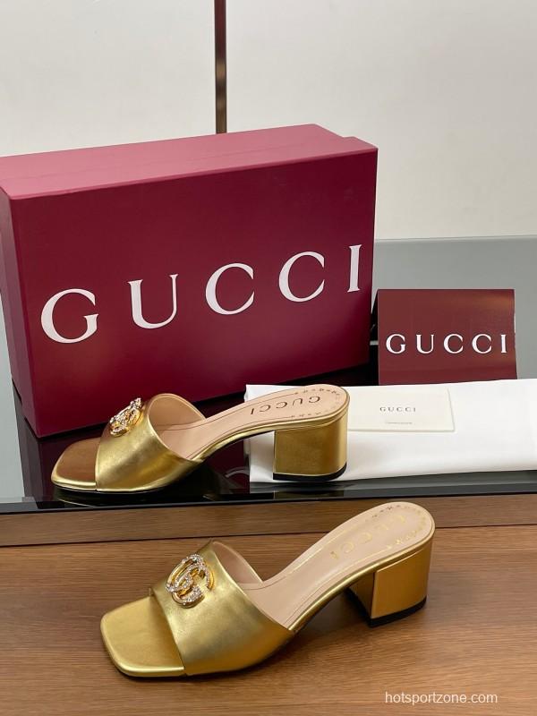 2025 Women Gucci Gold Leather Mules Block Heel