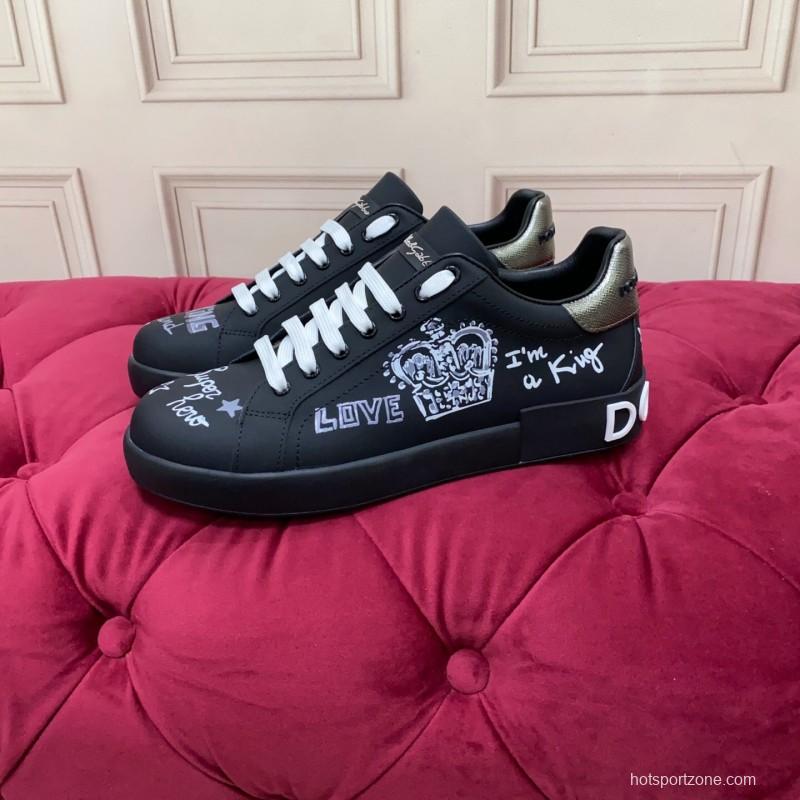 2025 Men Dolce & Gabbana Black Silk Leather Sneakers Crown Embellishment LY00360