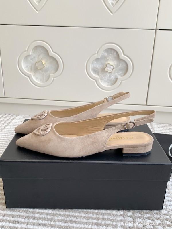 2025 Women Chanel Beige Suede Slingback Heart Logo KFY00300