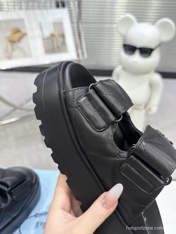 2025 Women Prada Black Leather Slippers KFY00290