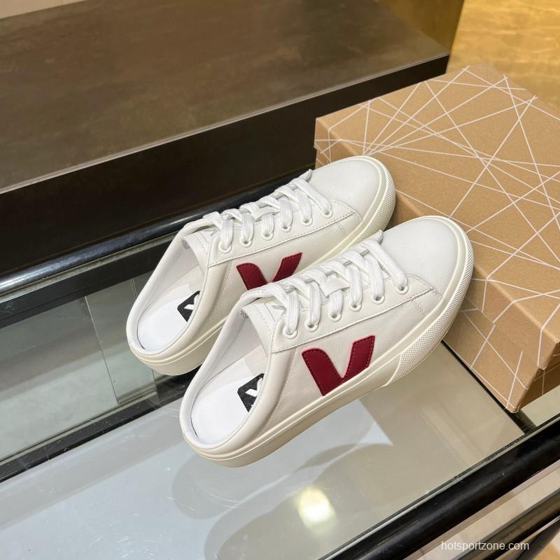 2025 Women VEJA White Burgundy Canvas Leather Slip-On Sneakers