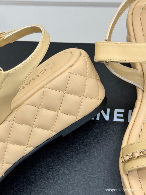 2025 Women Chanel Beige Leather Platform Sandals Chain KFY00270