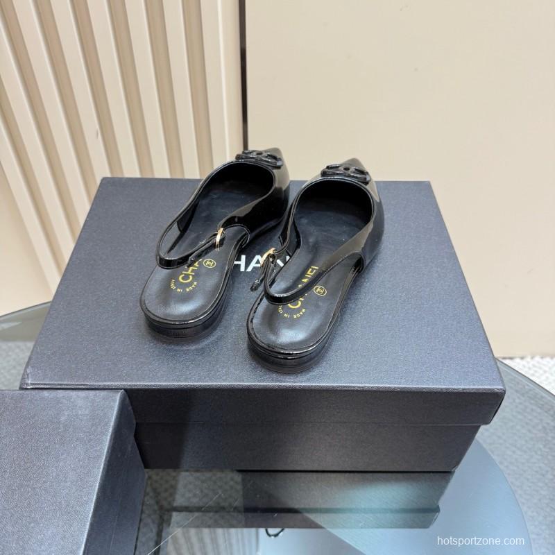 2025 Women Chanel Black Satin Leather Slingback Flats KFY00290