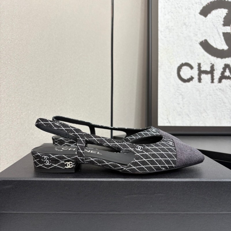 2025 Women Chanel Black White Fabric Leather Slingback LY00240
