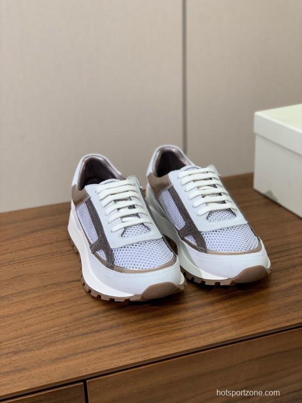 2025 Women Brunello Cucinelli White Silver Mesh Leather Sneakers