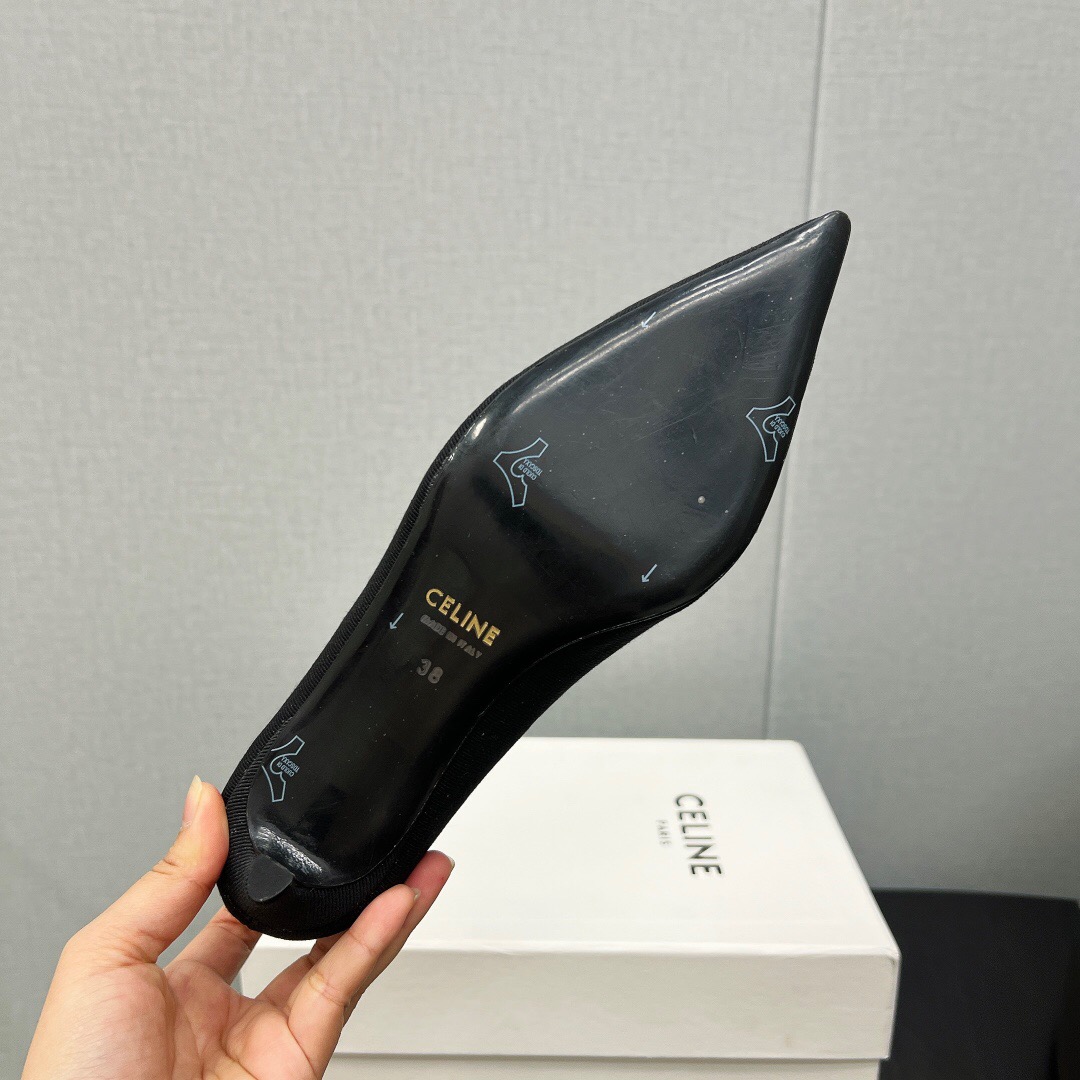 2025 Women Celine Black Fabric Pointed Toe Metal Buckle Pumps