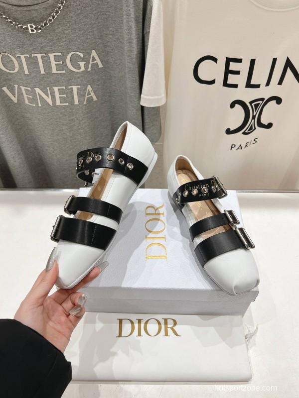 2025 Women Dior White Black Leather Mary Jane Buckle KFY00300