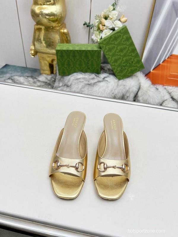 2025 Women Gucci Gold Leather Heeled Slip-On Horsebit MJ00180