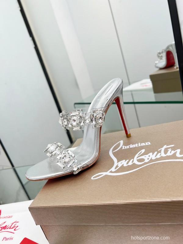 2025 Women Christian Louboutin Silver Leather High Heel Sandals Diamond Decoration LY00300