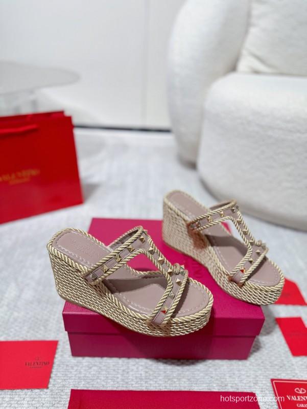 2025 Women Valentino Beige Rope Leather Wedge Sandals LY00290